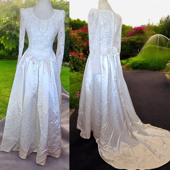 Jessica Mcclintock 90s White Wedding Dress Lace Embellished Long Sleeve Size 7/8 - Picture 1 of 16